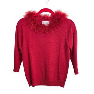 Casual Corner Vintage Red Merino Wool Blend Feather Neckline Sweater Size S